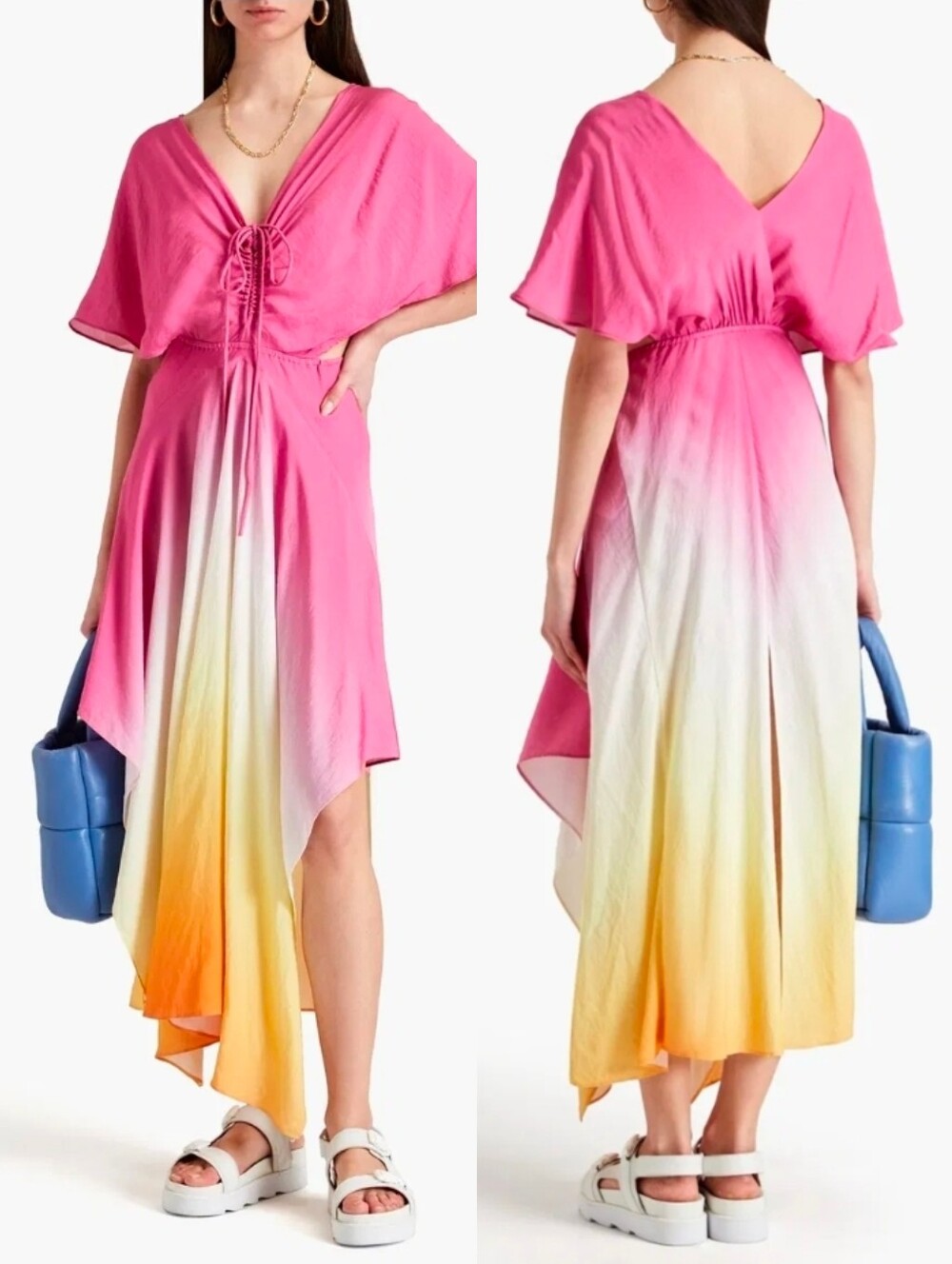 NWT MAJE Pink Ombre Rachelly Dip Tie Dye Batwing Sleeve Flowy Vacay Midi Dress